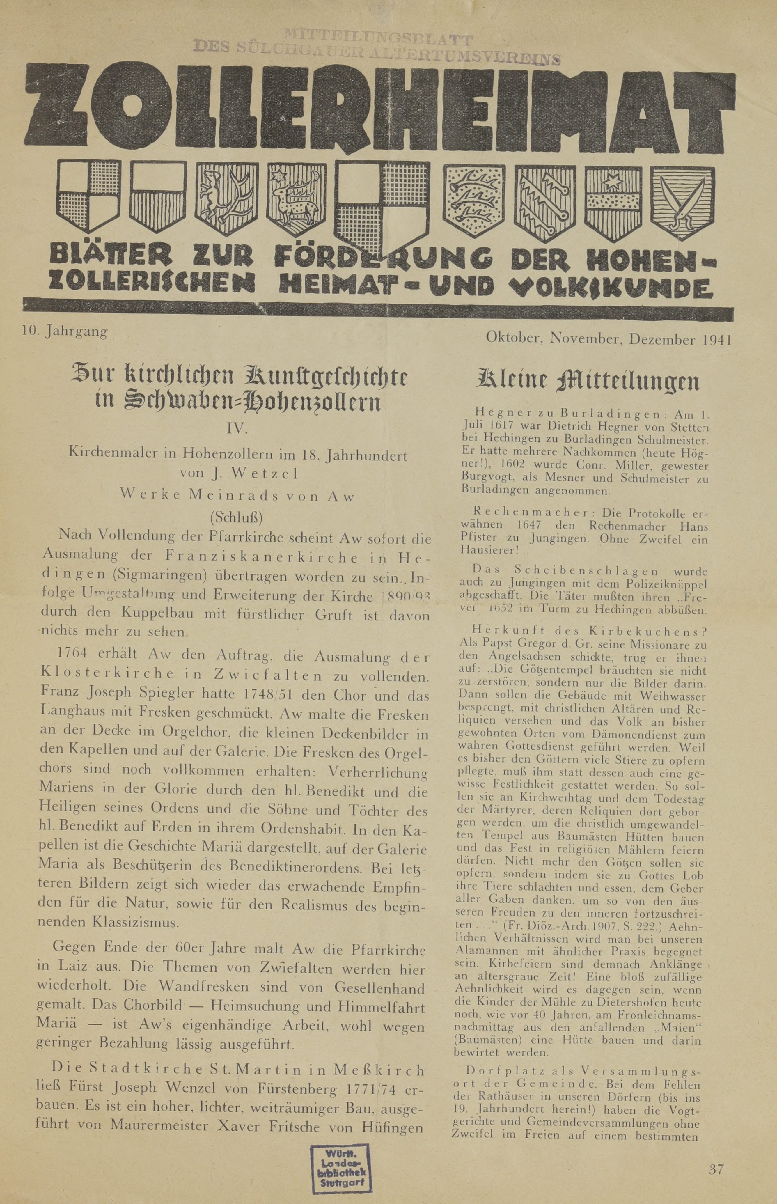                     Ansehen Bd. 10 Nr. 4 (1941): Zollerheimat
                