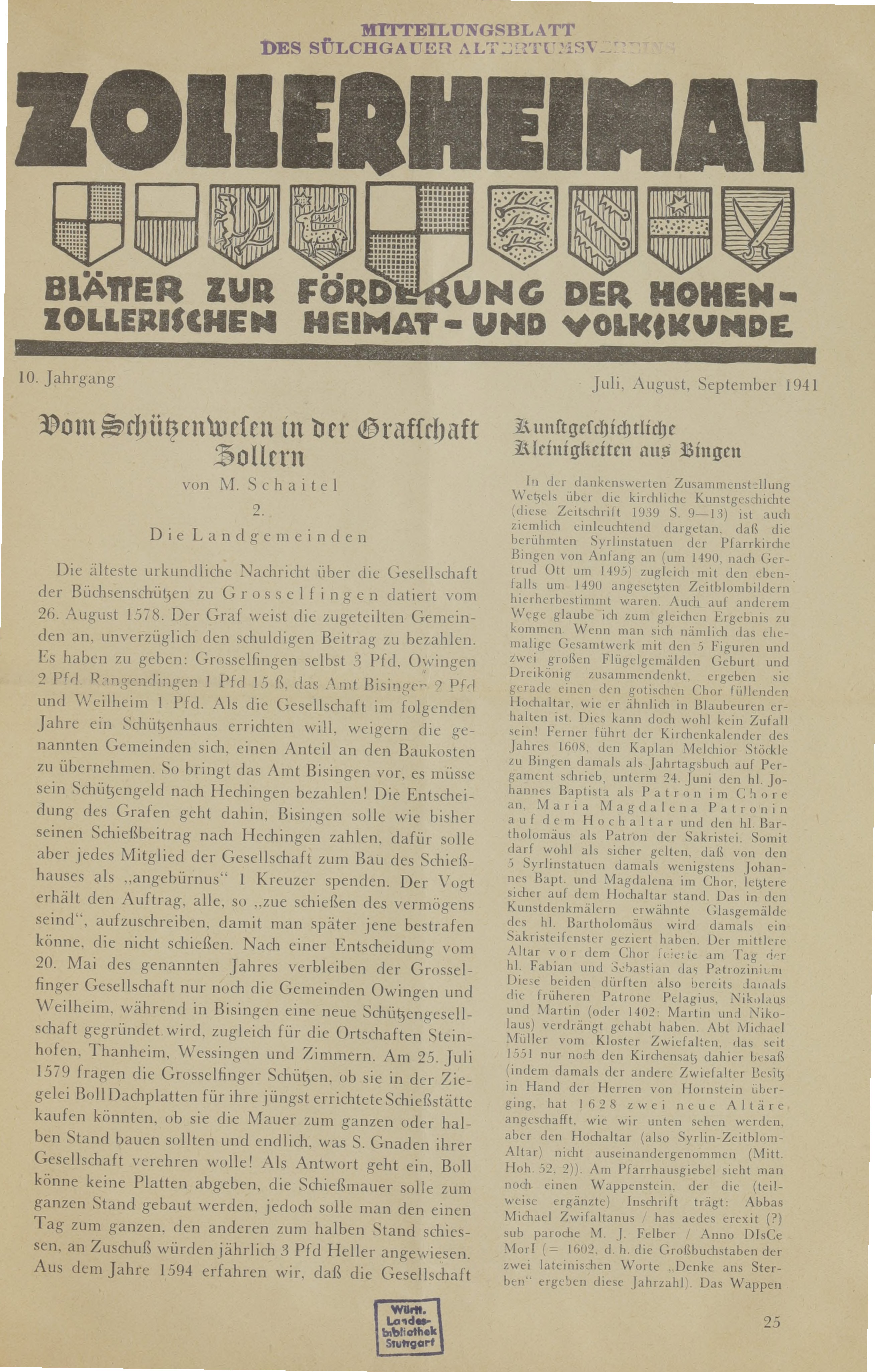                     Ansehen Bd. 10 Nr. Juli,August,September (1941): Zollerheimat
                