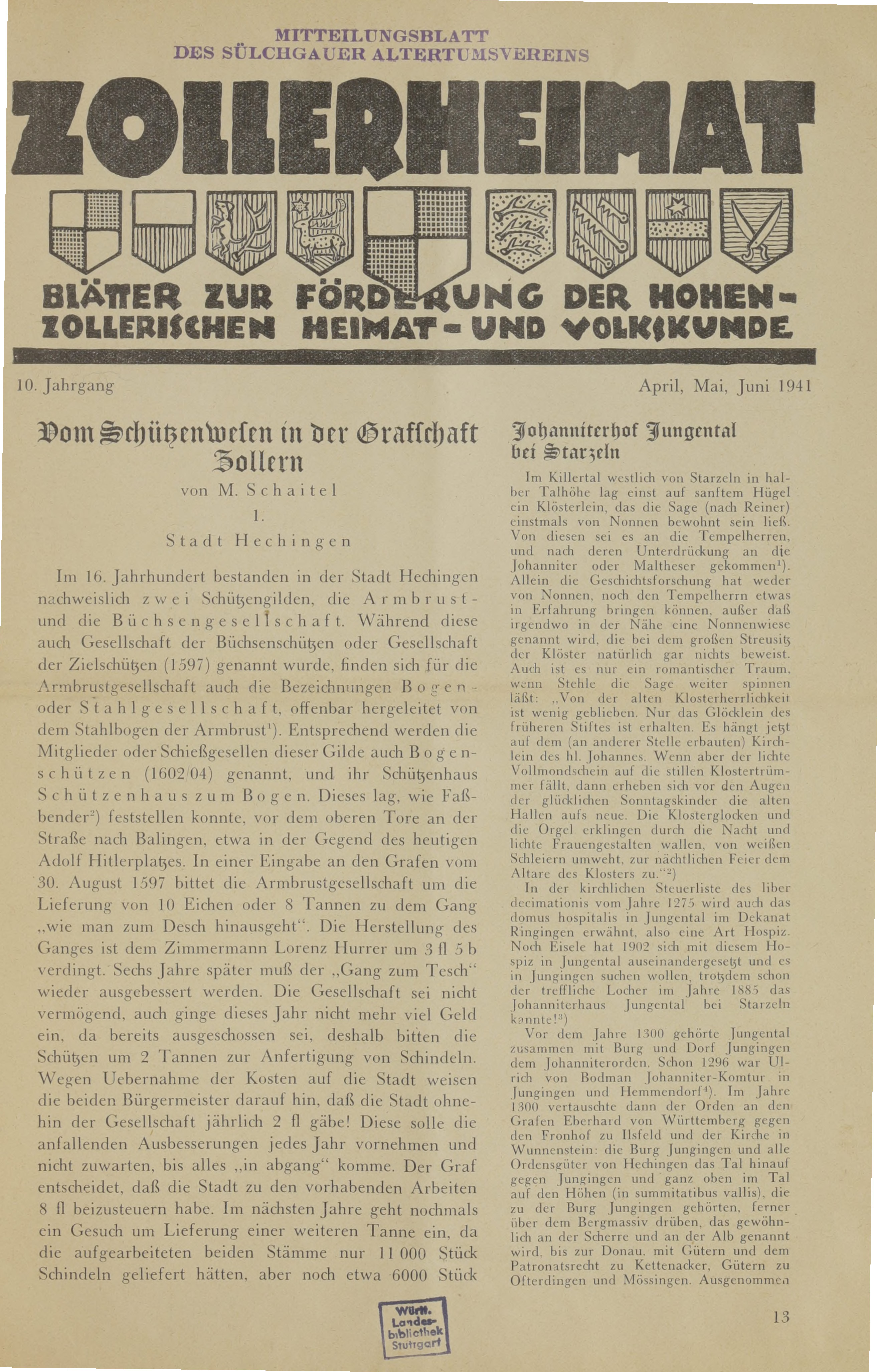					Ansehen Bd. 10 Nr. April, Mai, Juni (1941): Zollerheimat
				