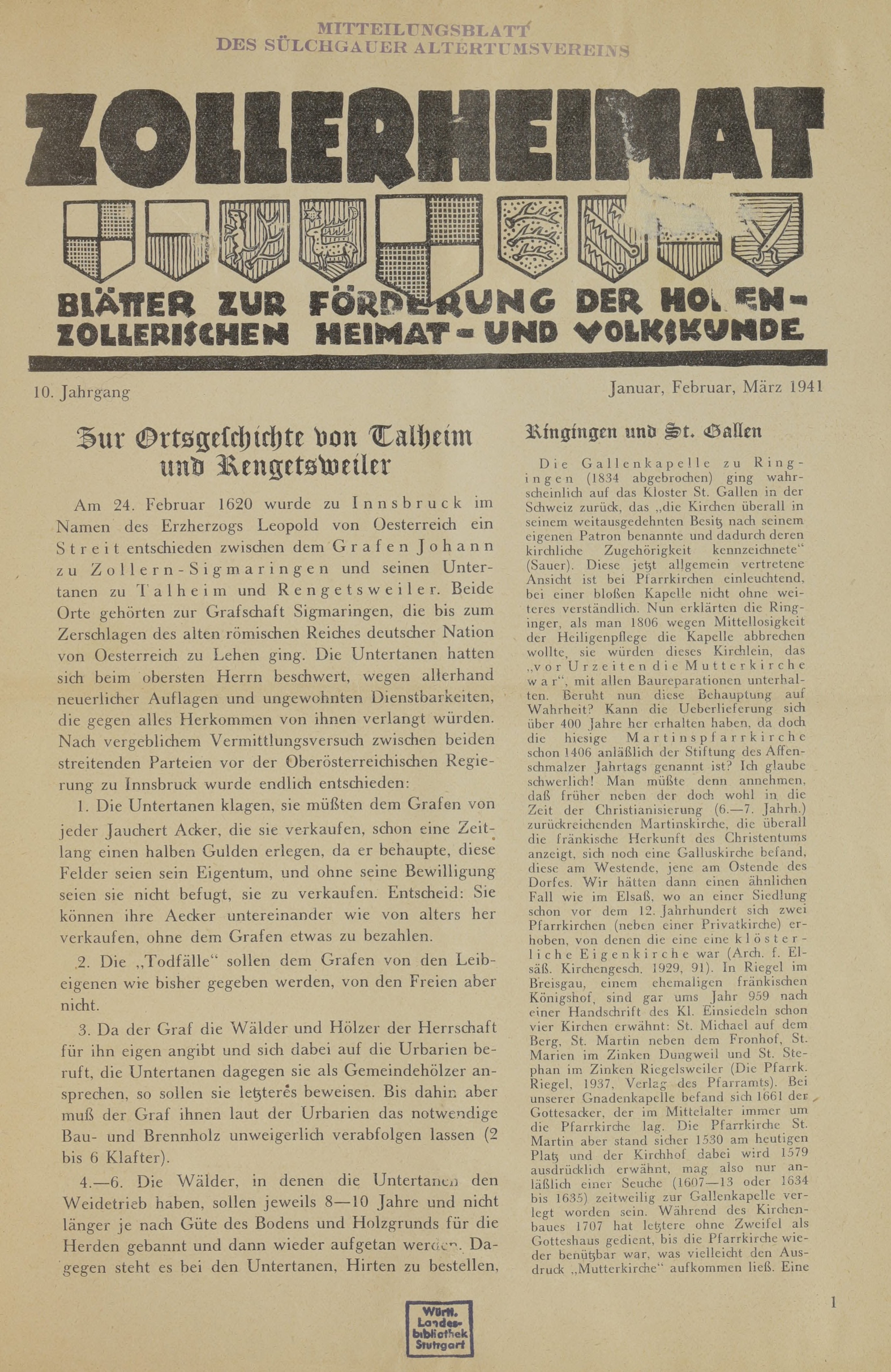                     Ansehen Bd. 10 Nr. 1 (1941): Zollerheimat
                