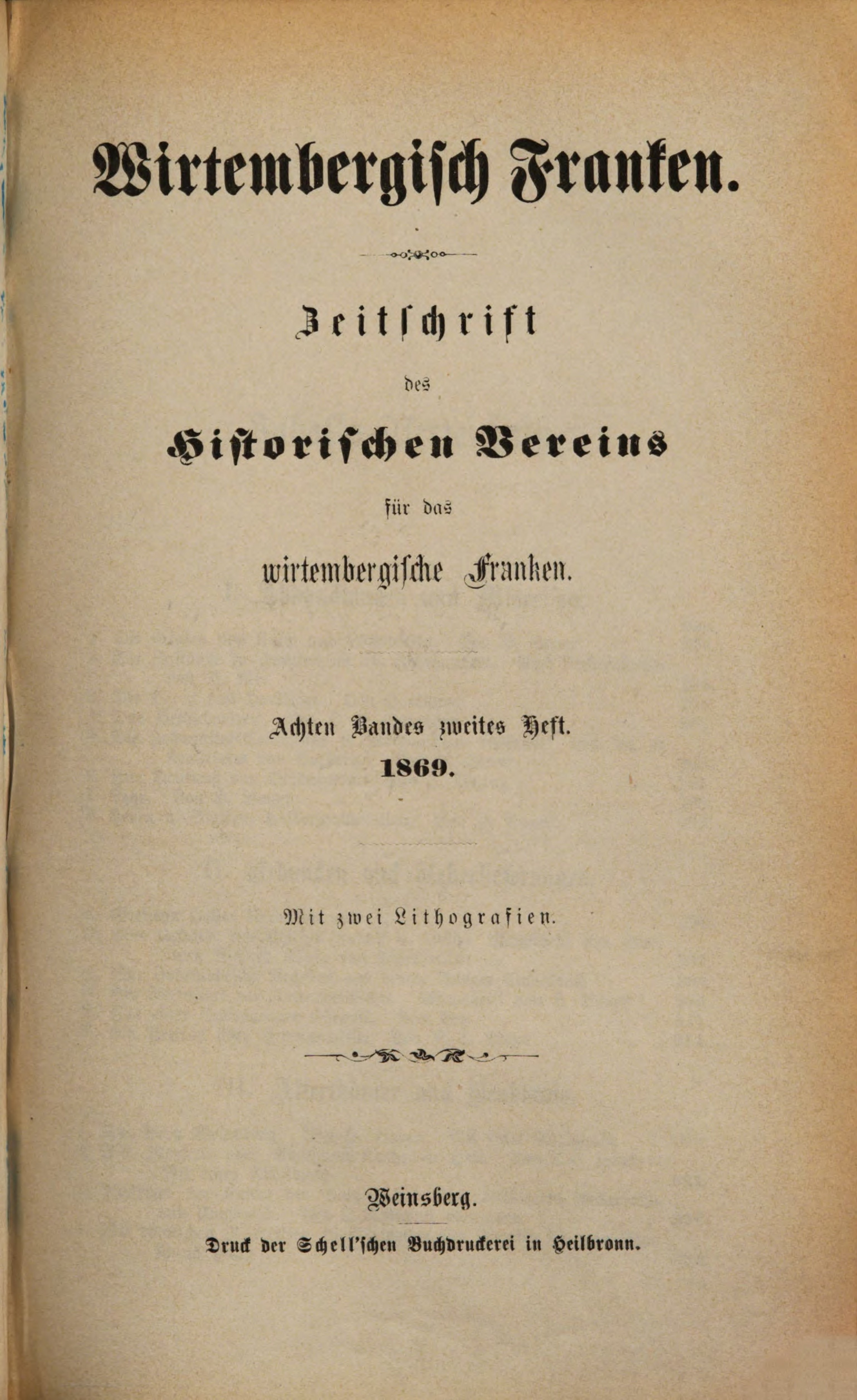 Titelblatt der Ausgabe Zeitschrift des Historischen Vereins für das Württembergische Franken, Band 8, Nummer 2, 1869