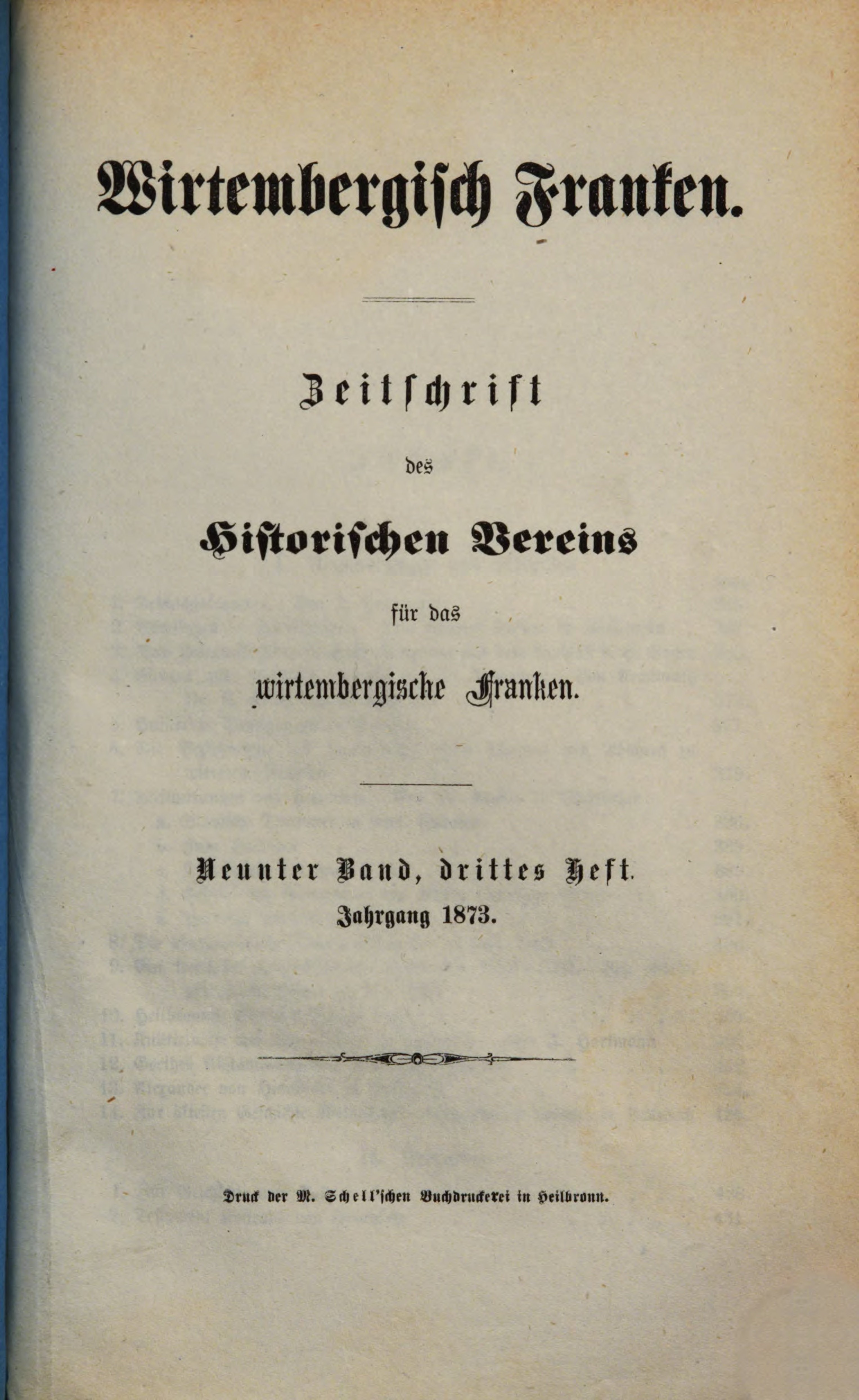 Titelbild der Zeitschrift des Historischen Vereins für das Württembergische Franken, Band 9, Nummer 3, 1873