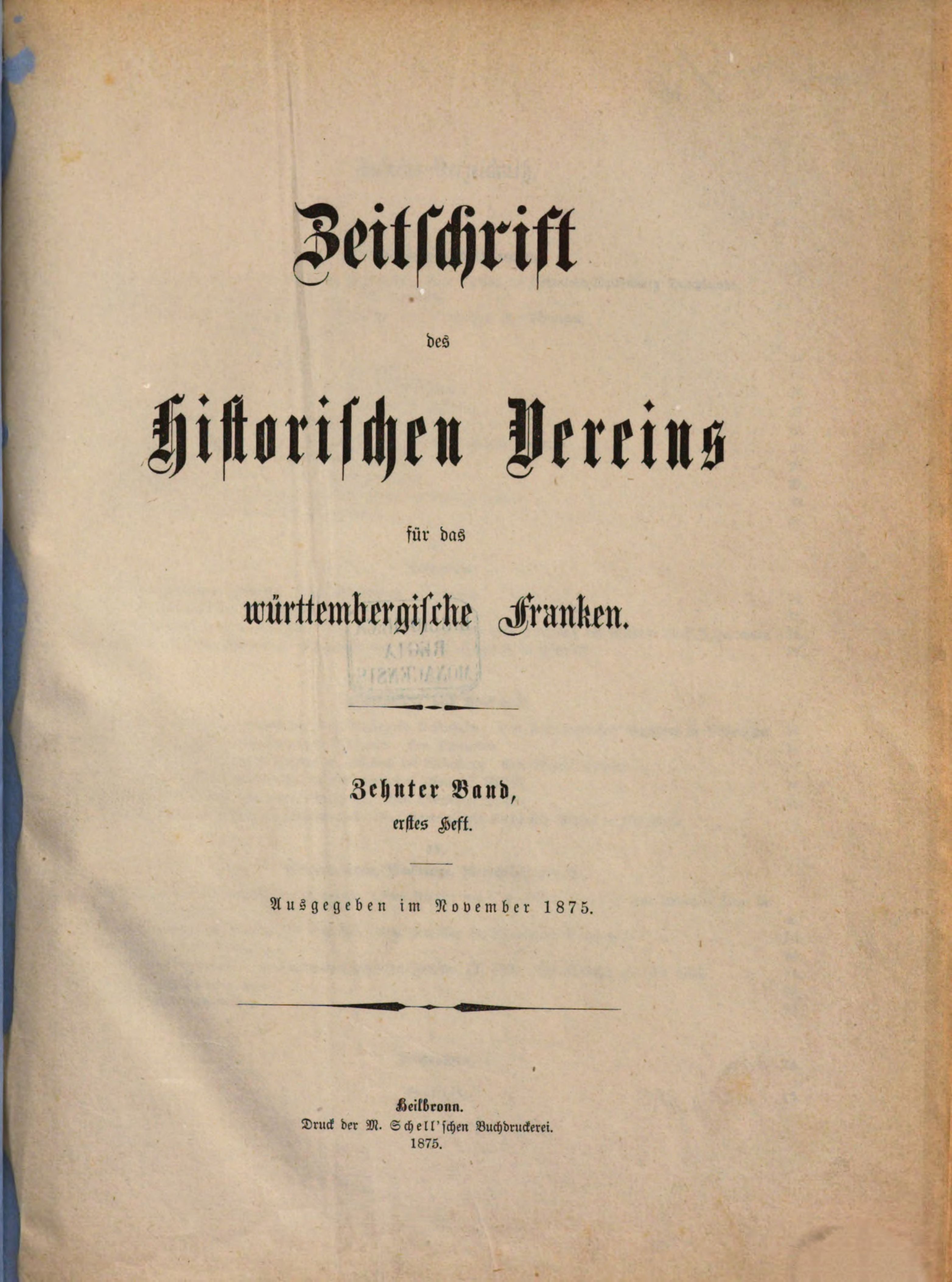 Titelbild der Zeitschrift des Historischen Vereins für das Württembergische Franken, Band 10, Nummer 1, 1875