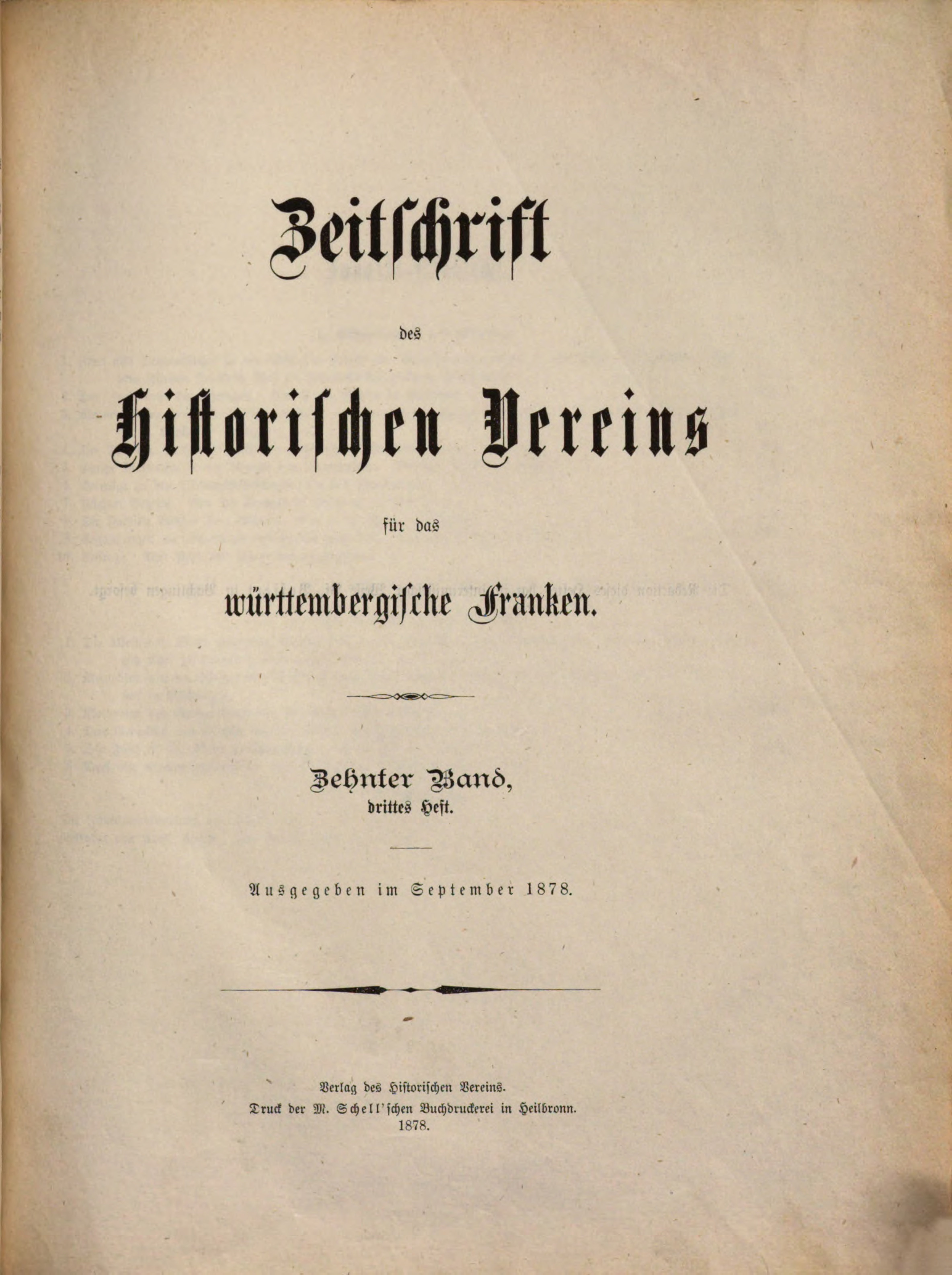 Titelbild der Zeitschrift des Historischen Vereins für das Württembergische Franken, Band 10, Nummer 3, 1878