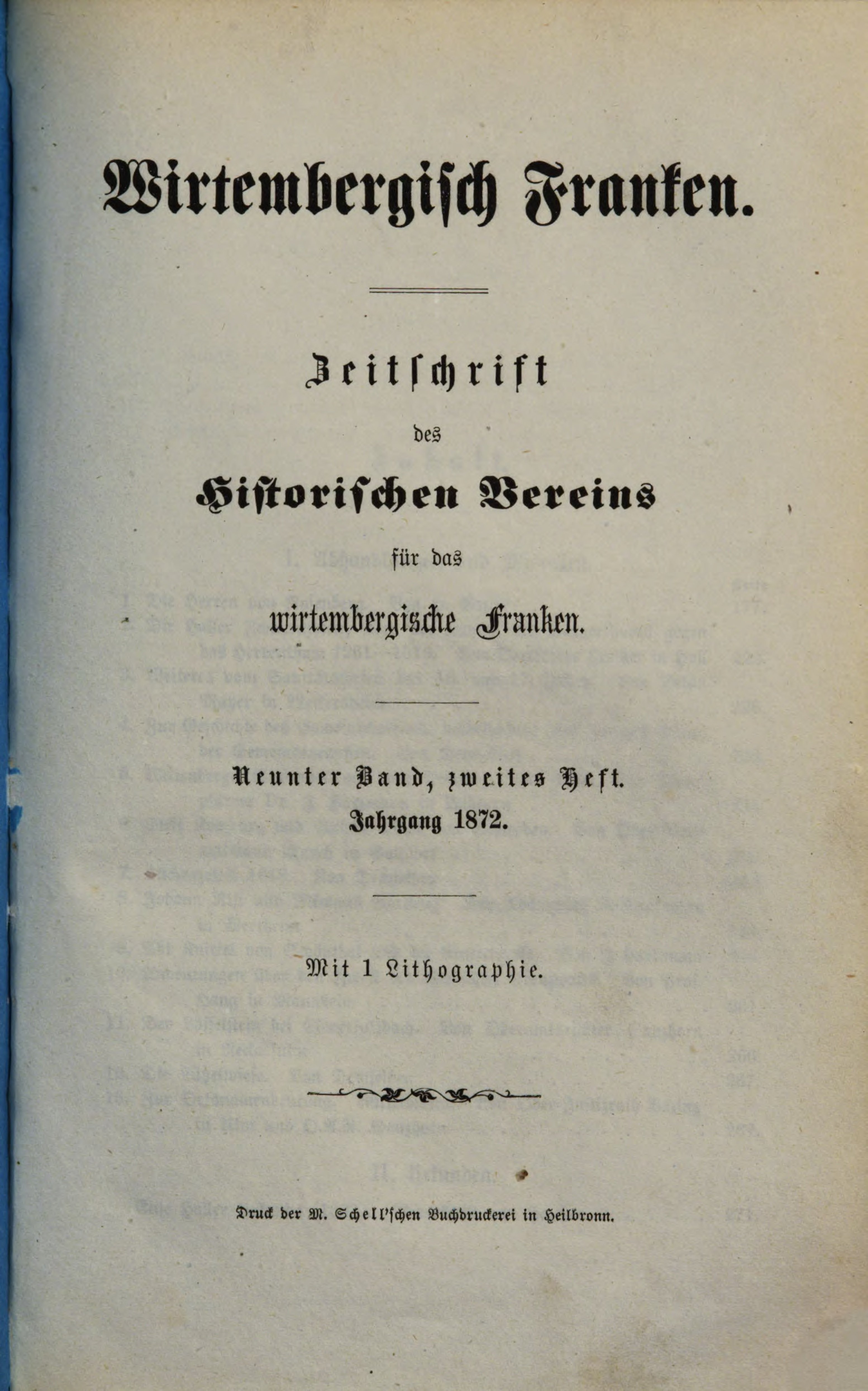 Titelbild der Zeitschrift des Historischen Vereins für das Württembergische Franken, Band 9, Nummer 2, 1872